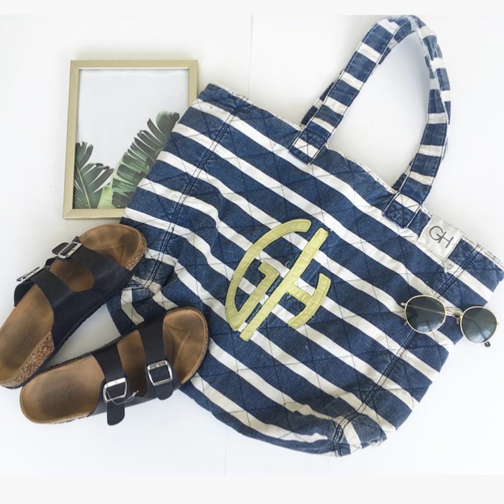 GILLY HICKS STRIPED NAVY AND GREEN TOTE BAG